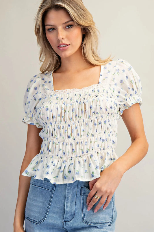 Floral print smocked peplum blouse