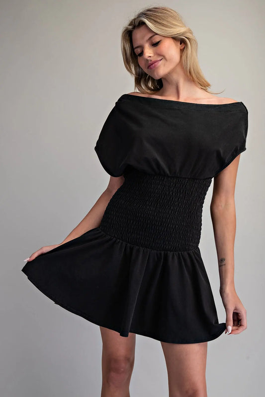Smocked waist boat neck mini dress with dolman sleeves