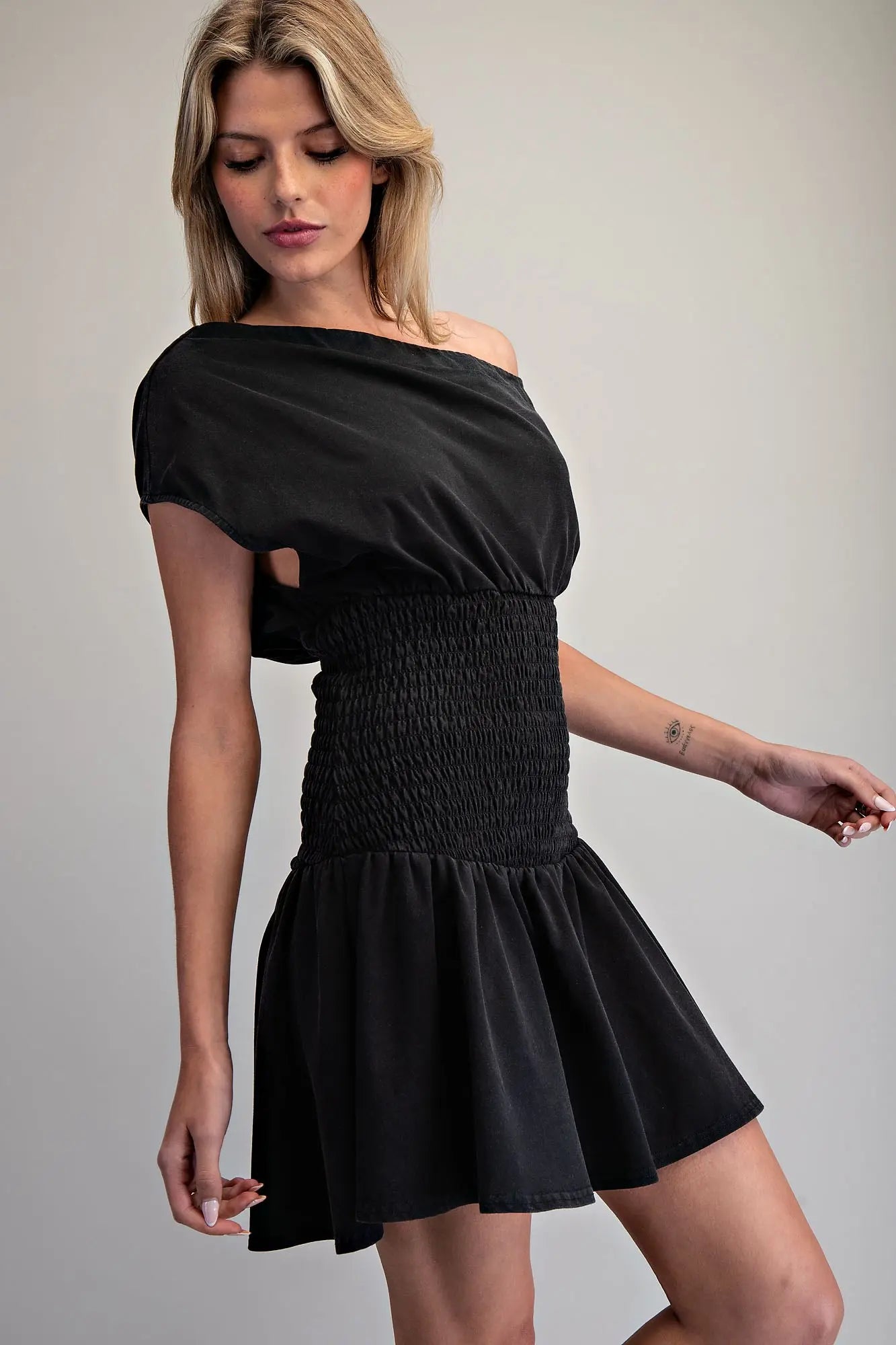 Smocked waist boat neck mini dress with dolman sleeves
