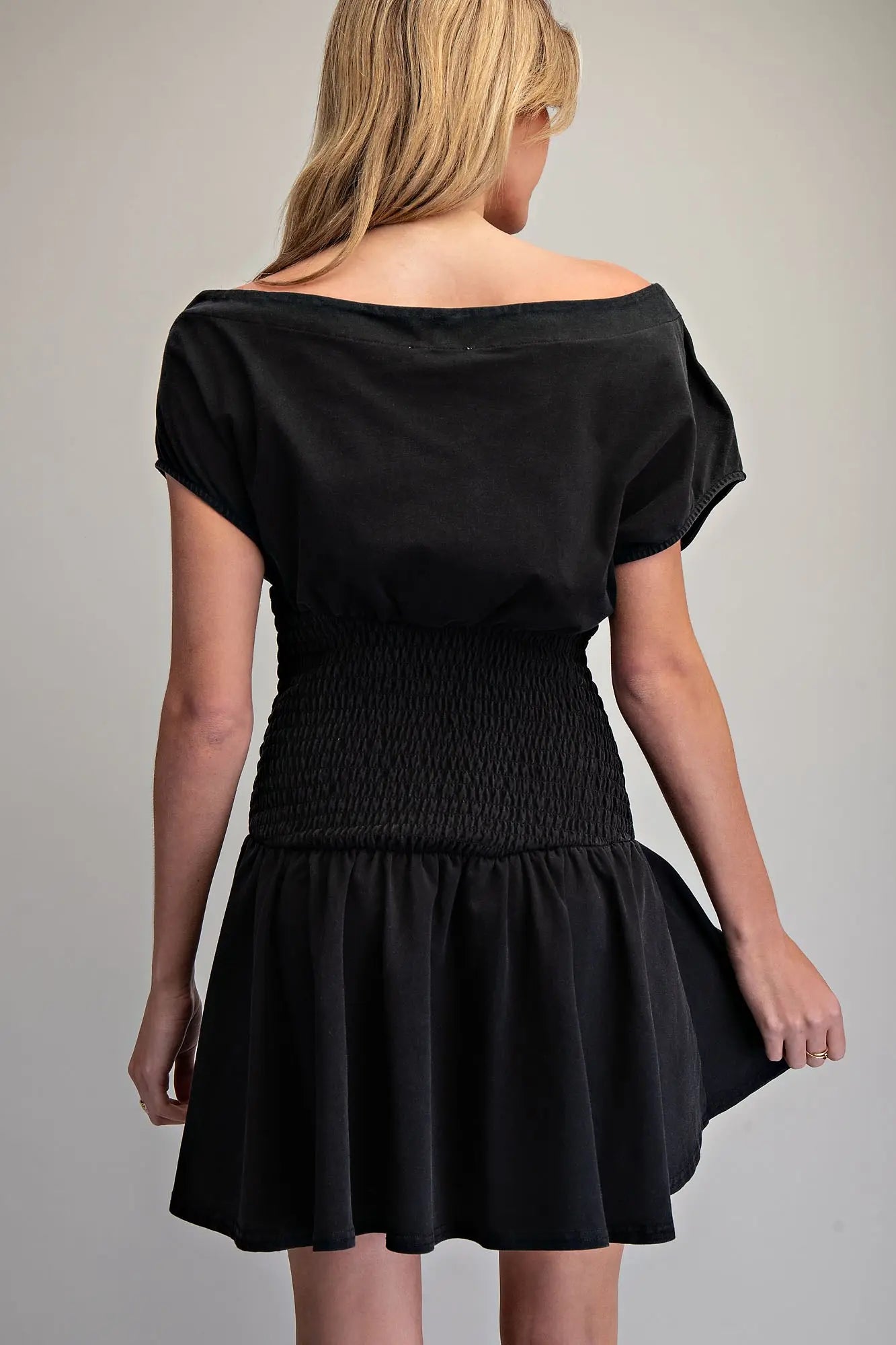 Smocked waist boat neck mini dress with dolman sleeves