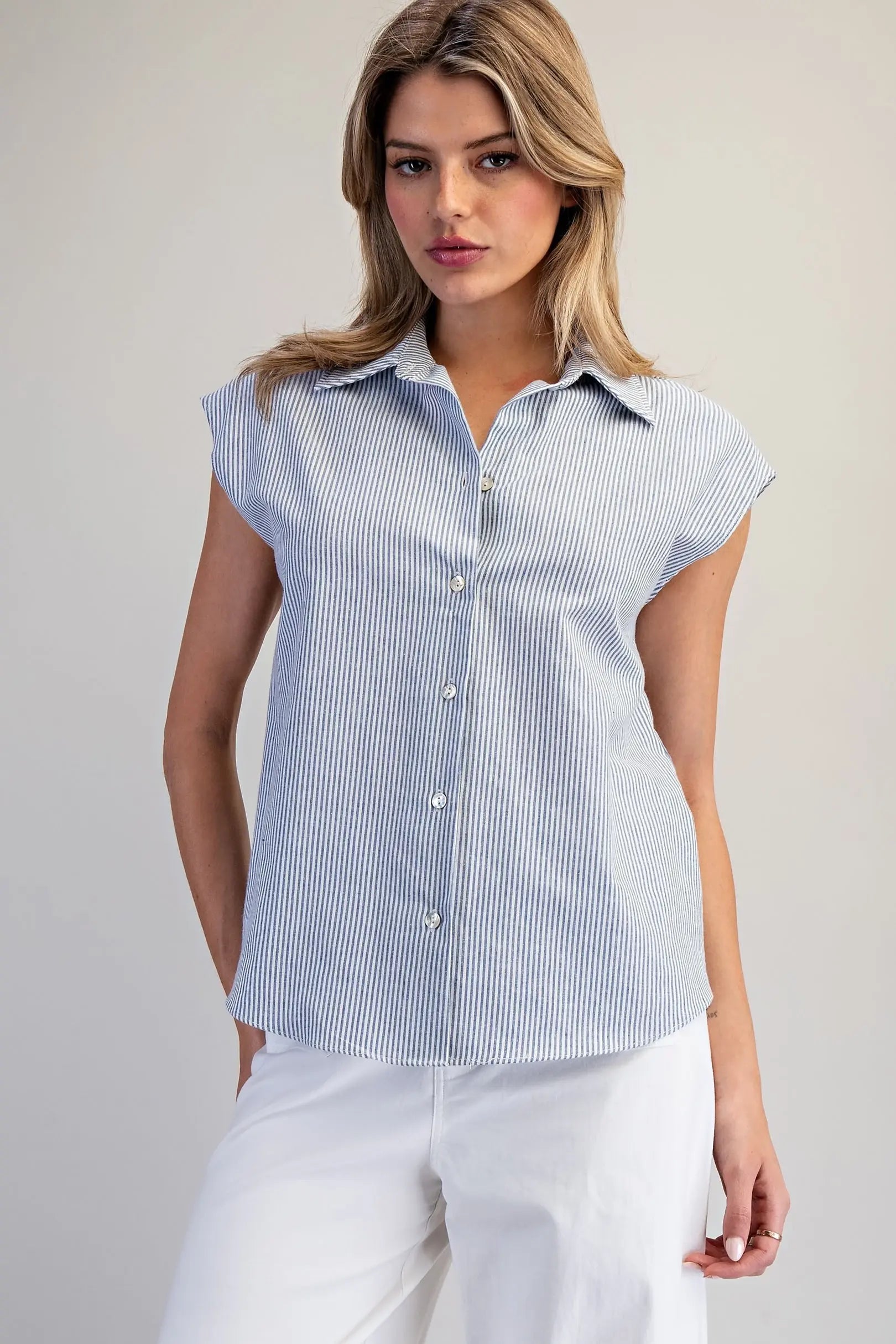 Striped button down blouse with cinch tie back