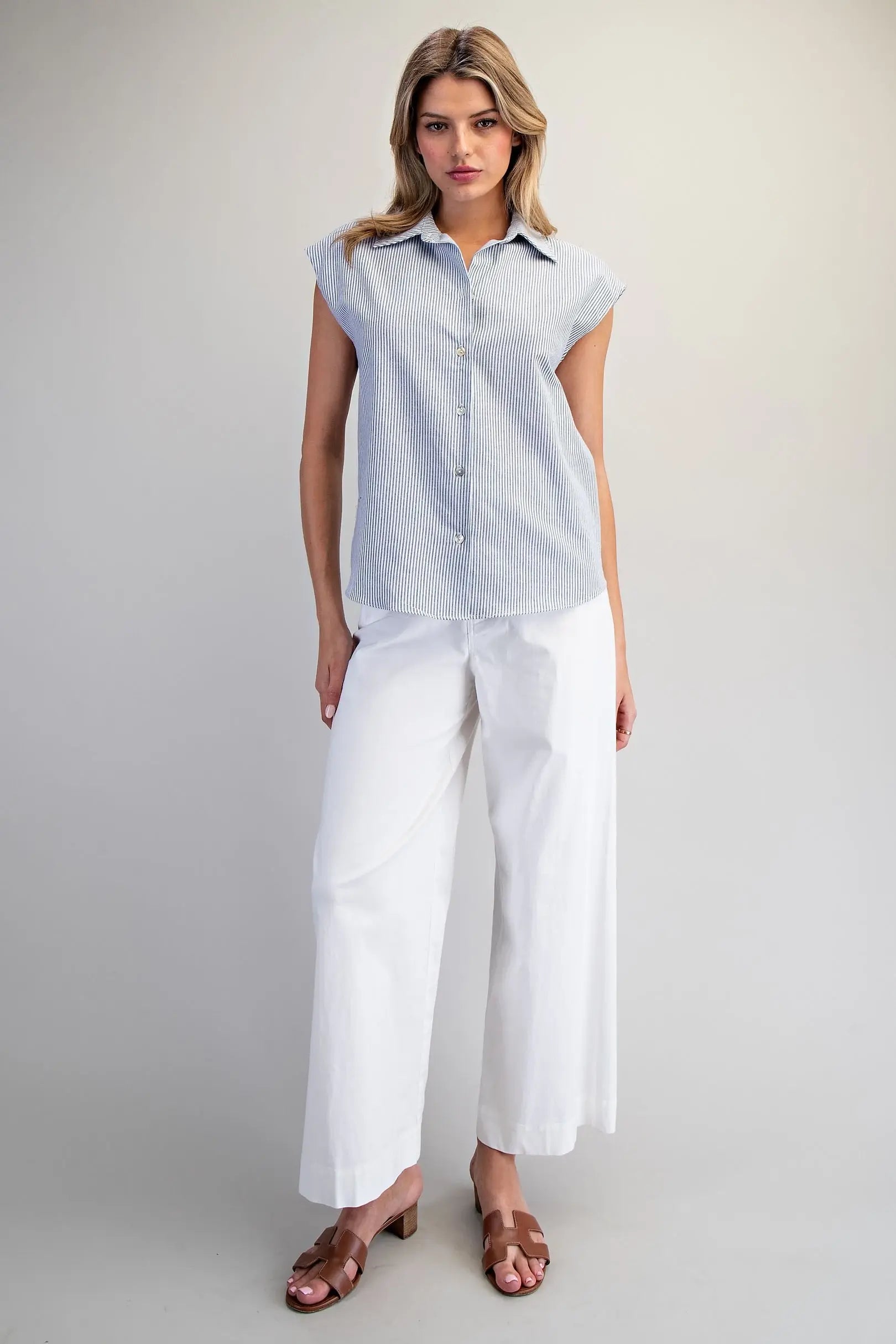 Striped button down blouse with cinch tie back