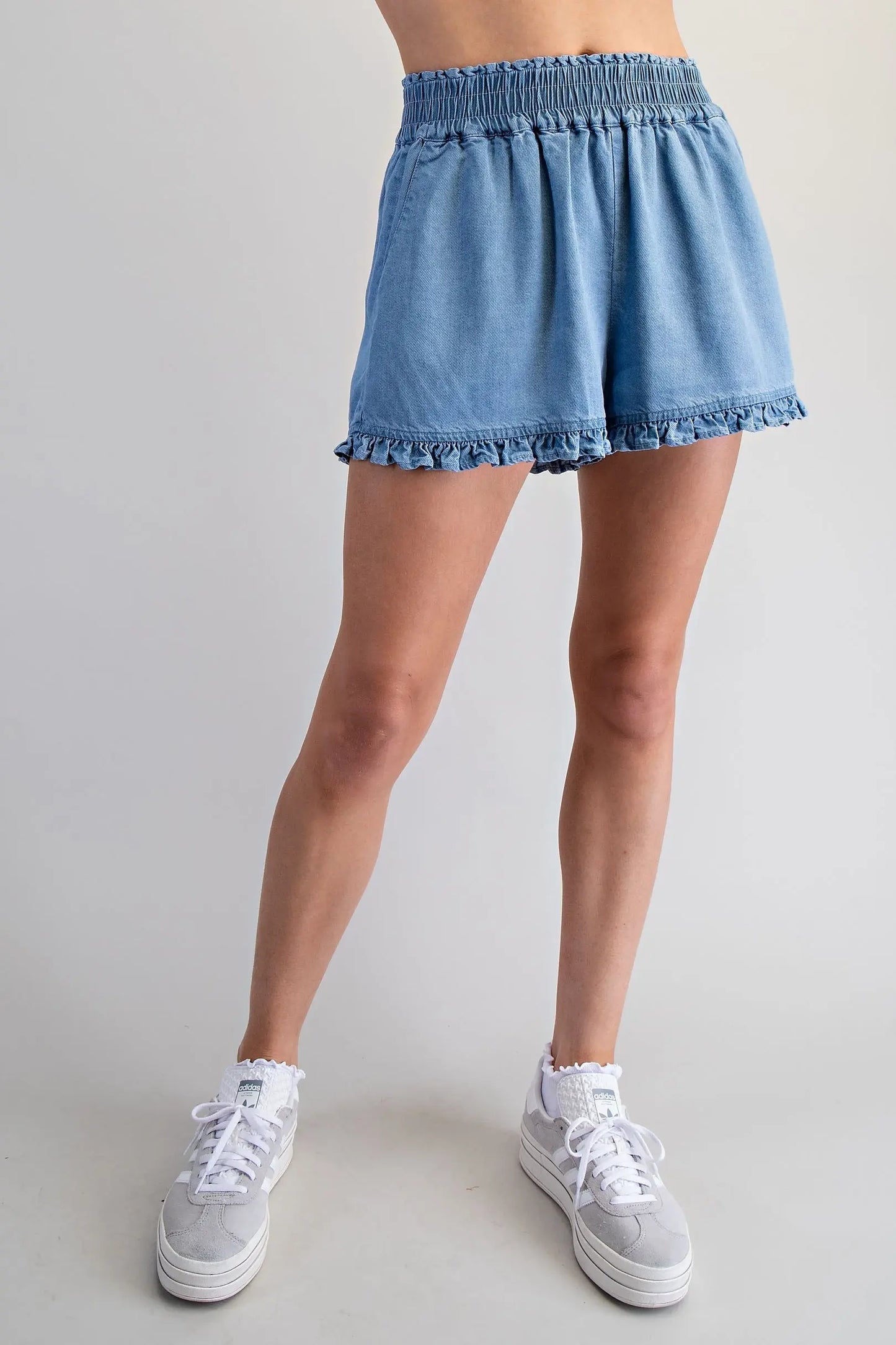 Elowen Pintuck Peplum Ruffled Denim Shorts