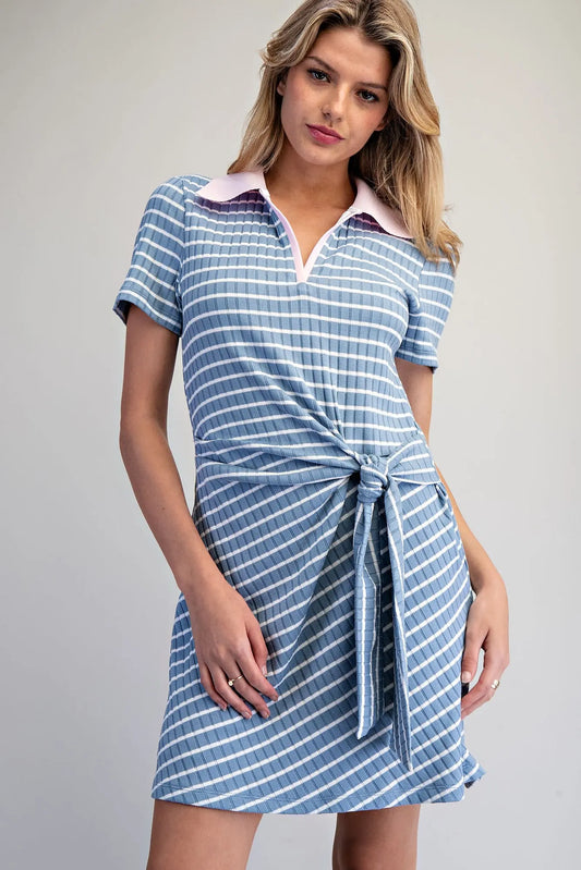 Stripe Waist Tie Mini Dress features a sporty polo collar, flattering wrap-style waist tie, and soft ribbed knit fabric