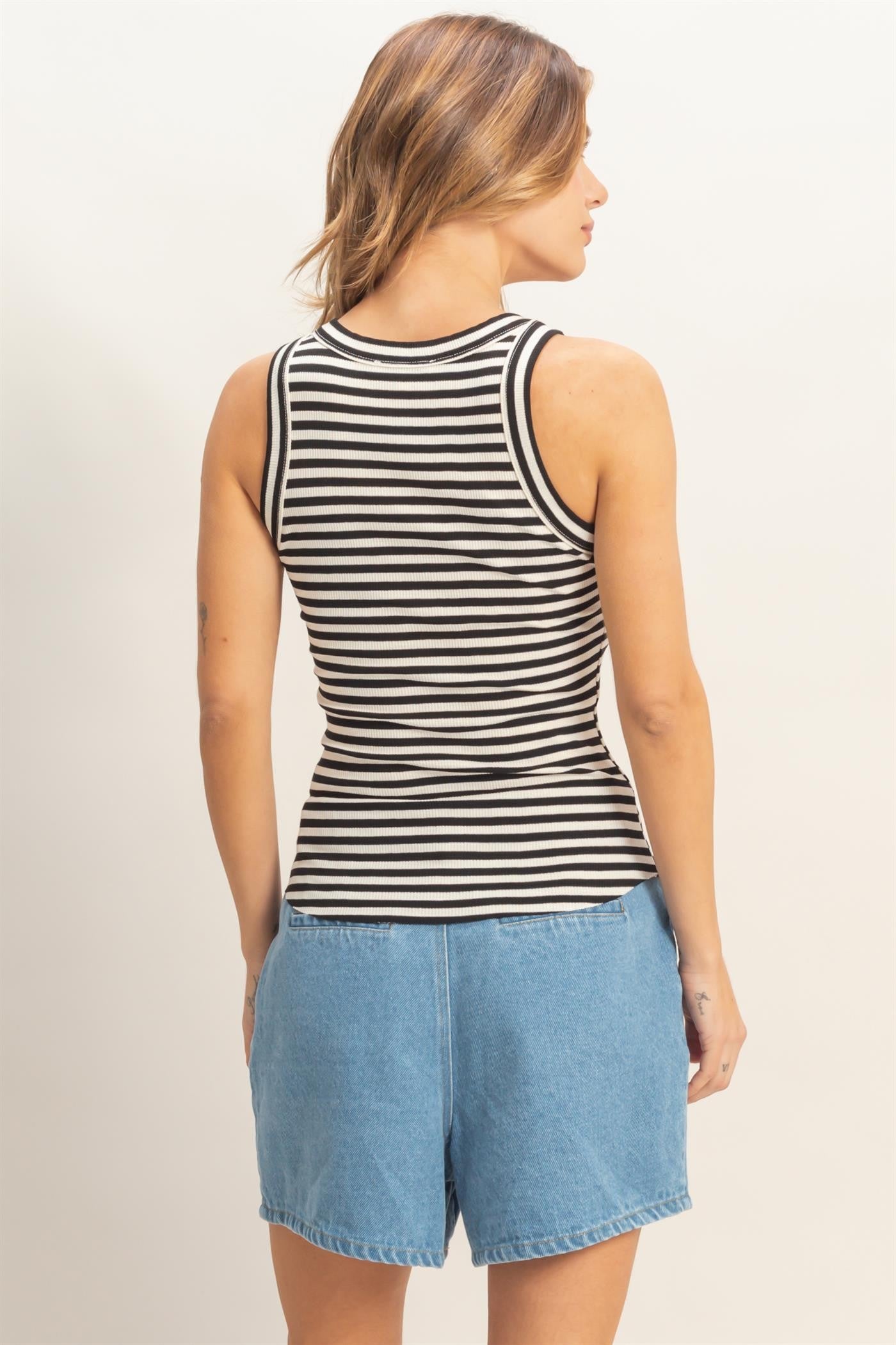 Striped ribbed racerback tank with fitted silhouette