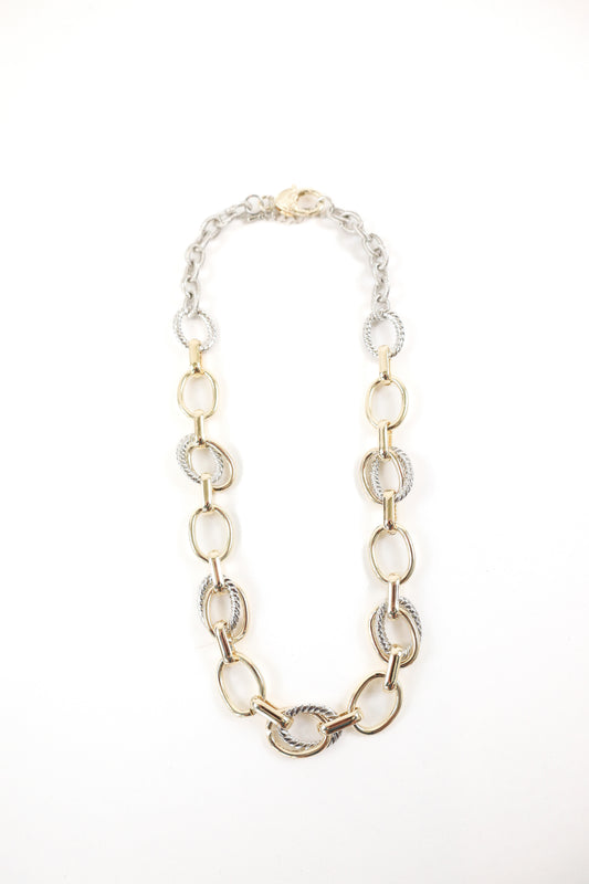 Mixed metal gold and silver oversized link statement necklace, women’s boutique chain jewelry.
