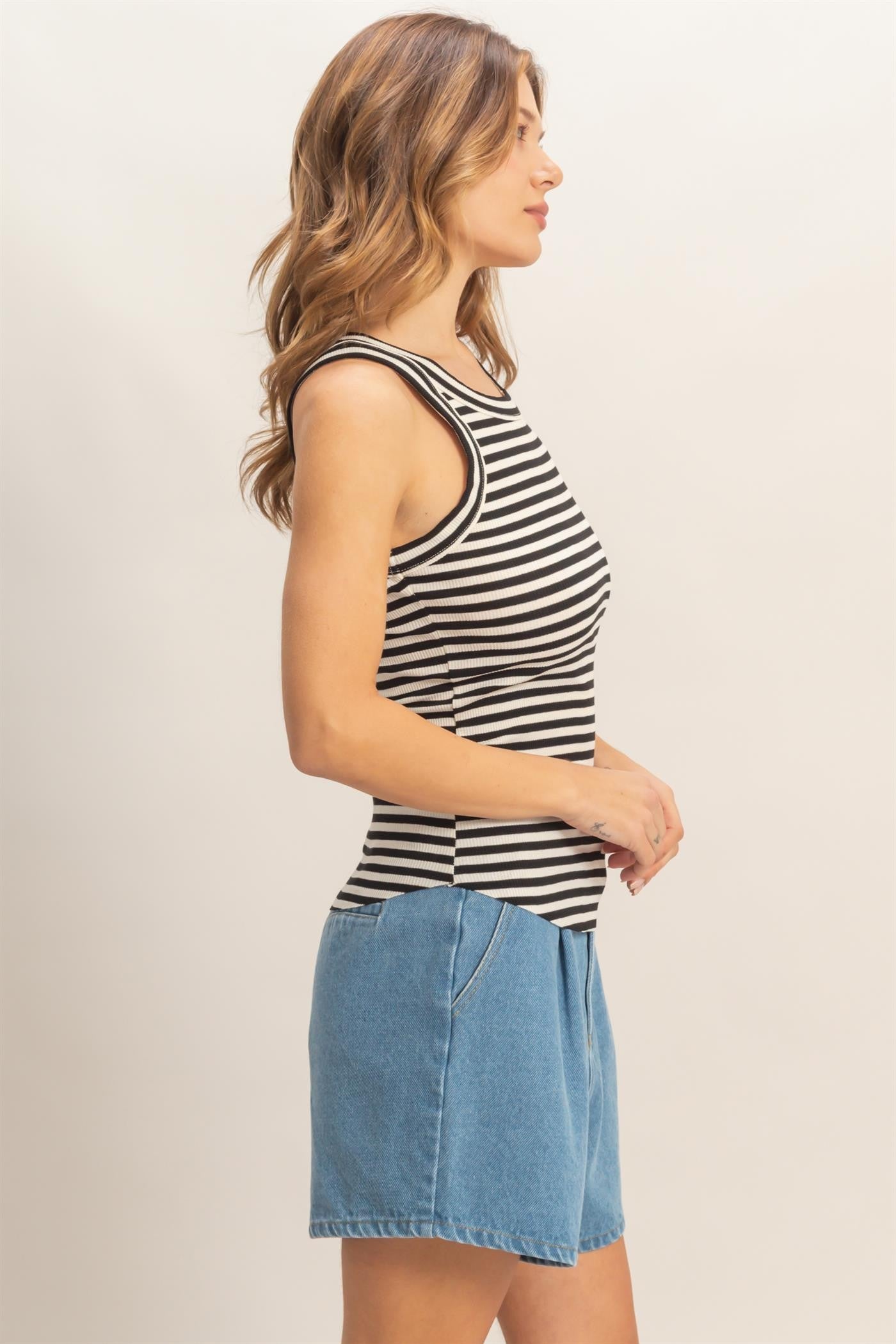 Striped ribbed racerback tank with fitted silhouette