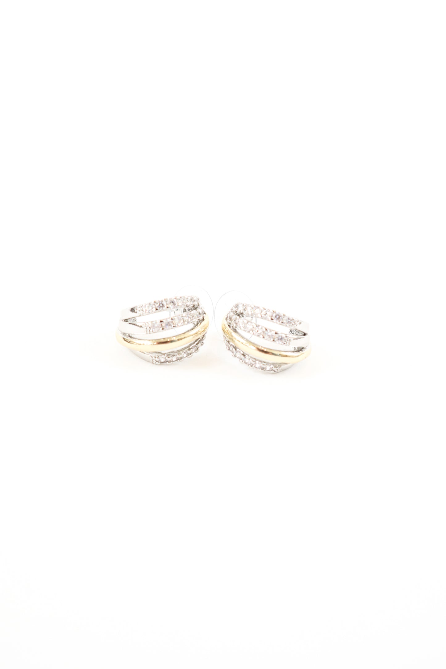 Mixed metal gold and silver layered pavé earrings with stacked design, women’s boutique statement jewelry.