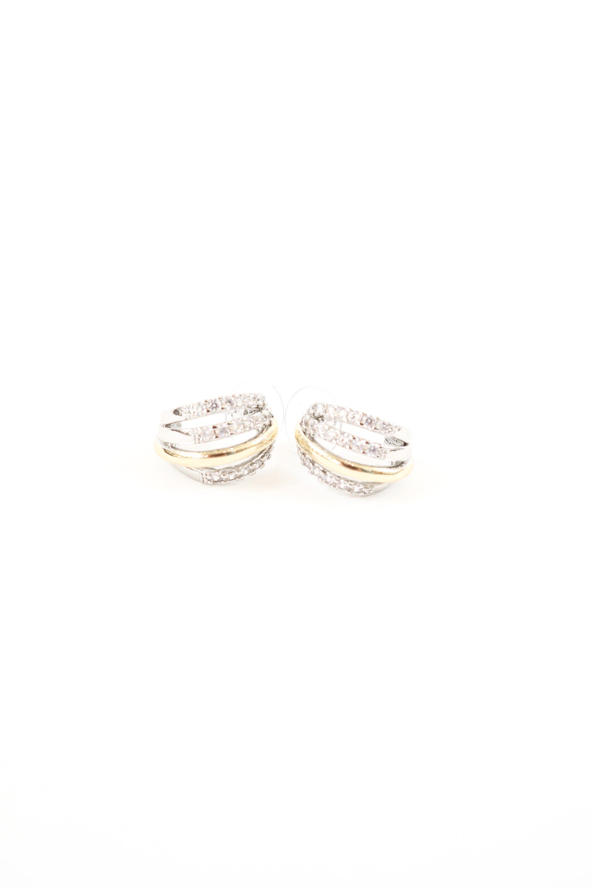 Mixed metal gold and silver layered pavé earrings with stacked design, women’s boutique statement jewelry.