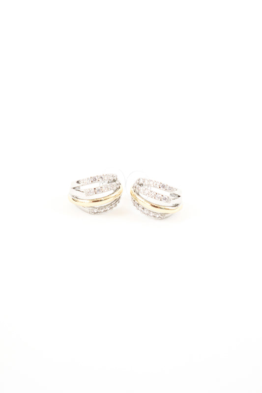 Mixed metal gold and silver layered pavé earrings with stacked design, women’s boutique statement jewelry.