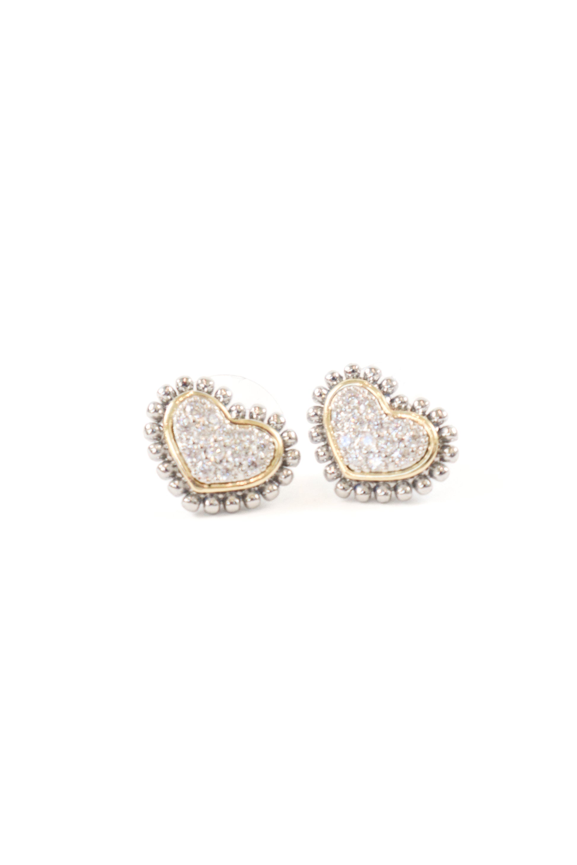 Mixed metal pavé heart stud earrings with silver beaded detailing, women’s boutique romantic jewelry.