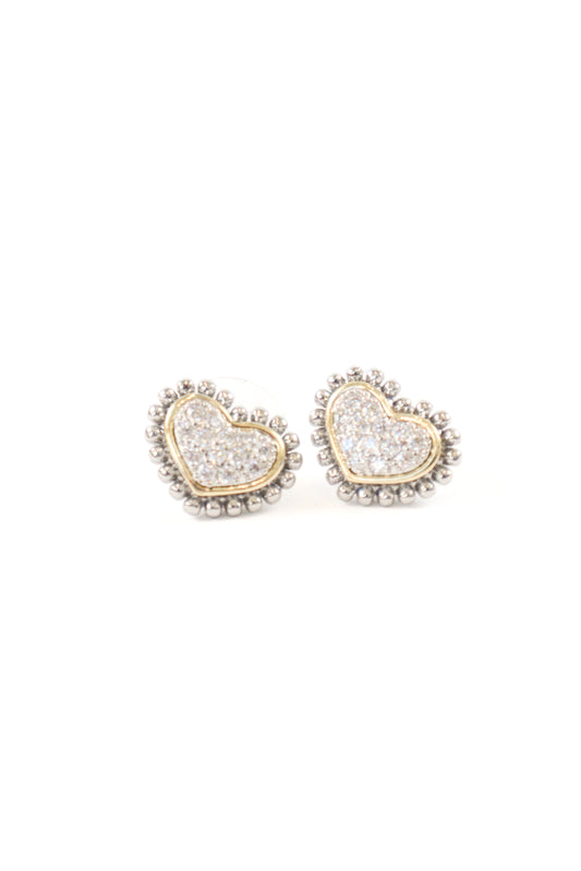 Mixed metal pavé heart stud earrings with silver beaded detailing, women’s boutique romantic jewelry.