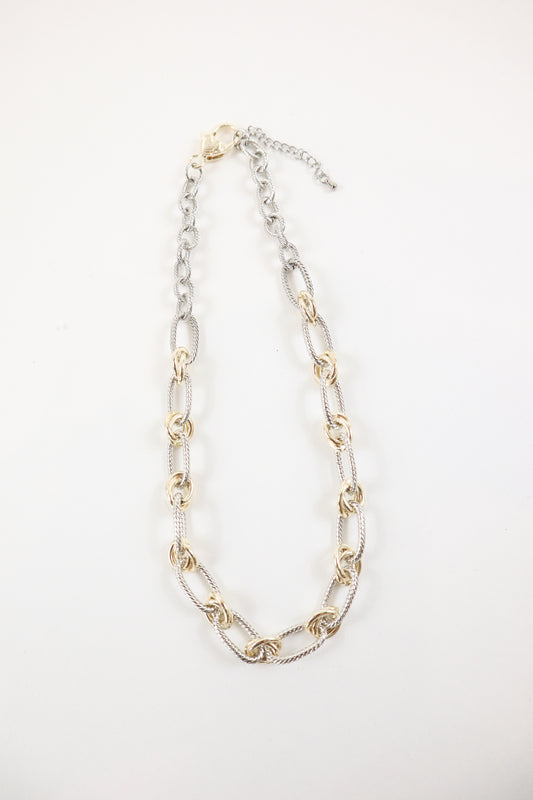 Two-tone gold and silver textured chain necklace with adjustable clasp