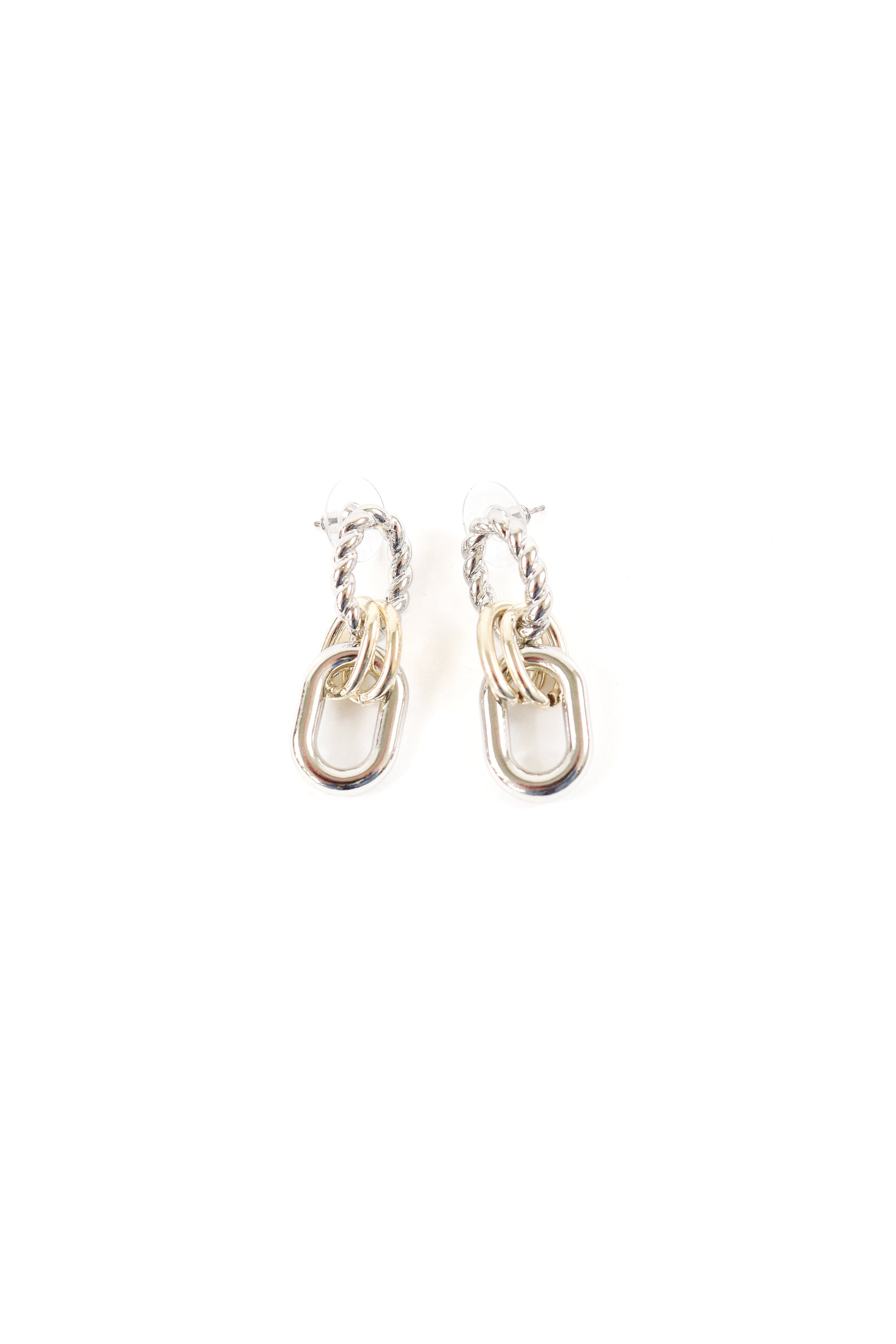Mixed metal gold and silver chain drop earrings with layered link design, women’s boutique statement jewelry.