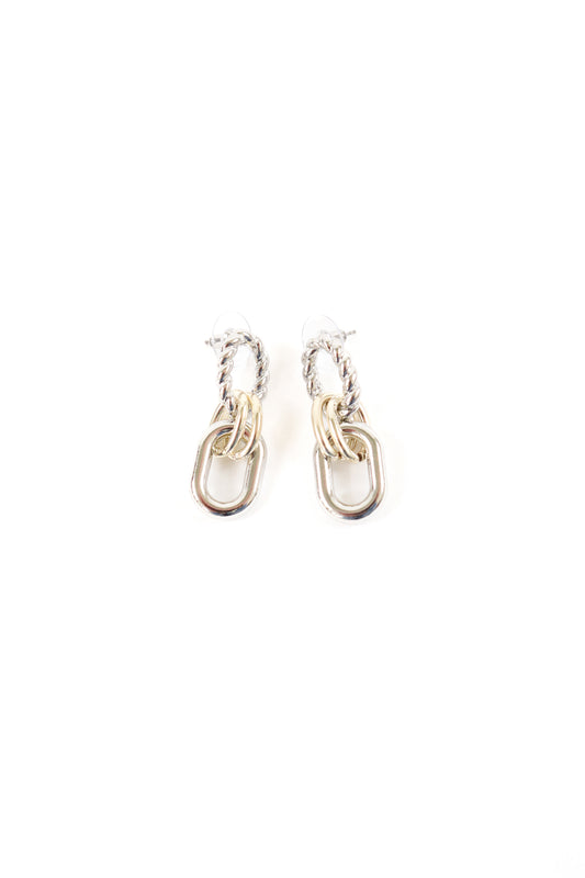 Mixed metal gold and silver chain drop earrings with layered link design, women’s boutique statement jewelry.