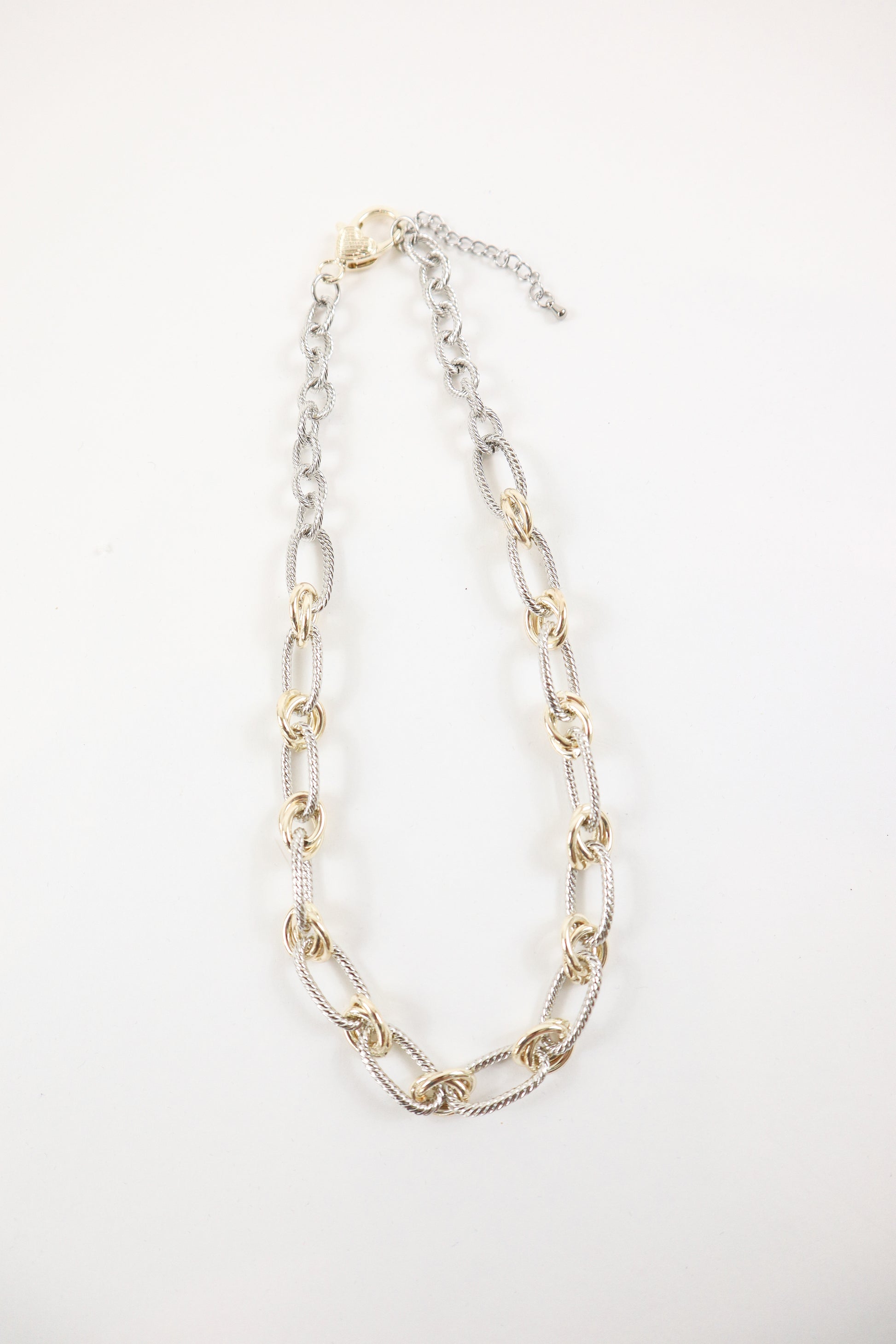 Mixed metal rope link necklace with gold connectors, women’s boutique statement chain jewelry.