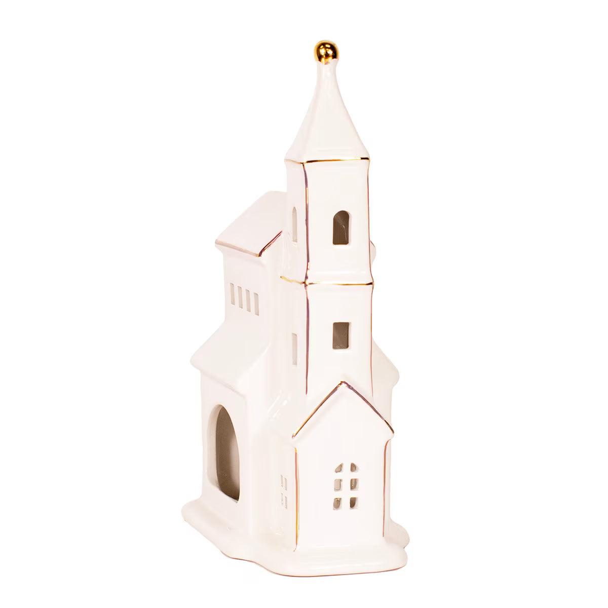 Newington Church Tealight Decoration in White and Gold, measuring 5.5 inches by 9 inches by 3.25 inches.
