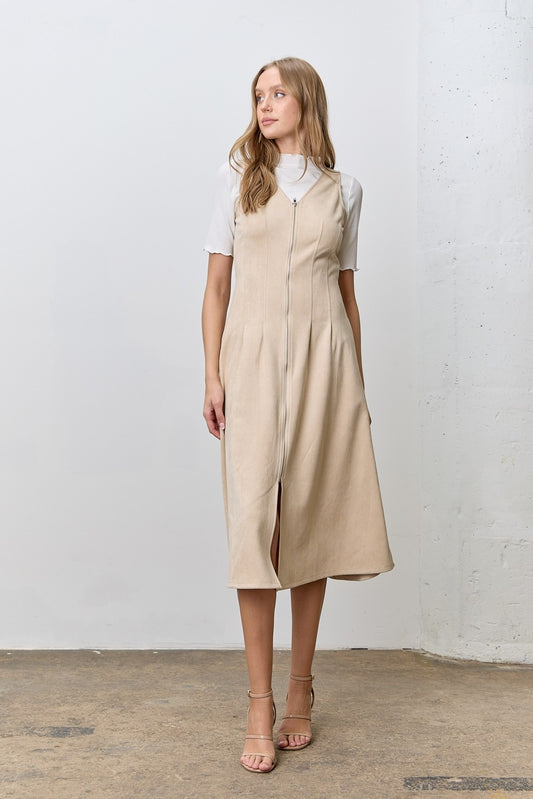 Sleeveless faux suede zip-front midi dress with pockets.