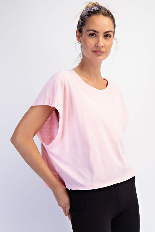 Oversized cotton slub cropped short sleeve top with open back detail