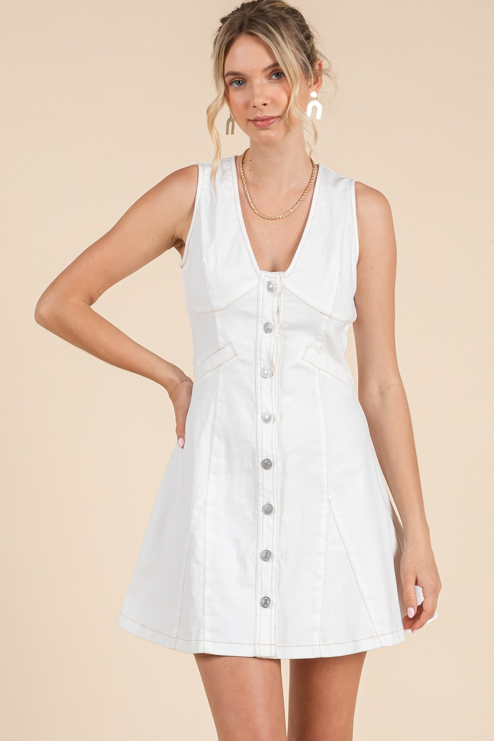 Baby Pink Deep V-neckline Button Down Sleeveless Mini Dress