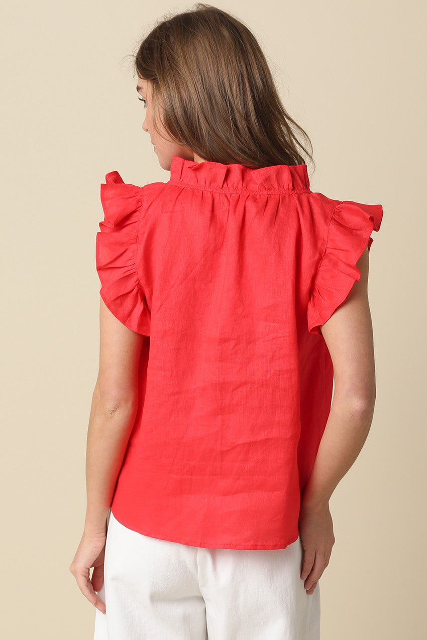 linen ruffle blouse with relaxed swing silhouette
