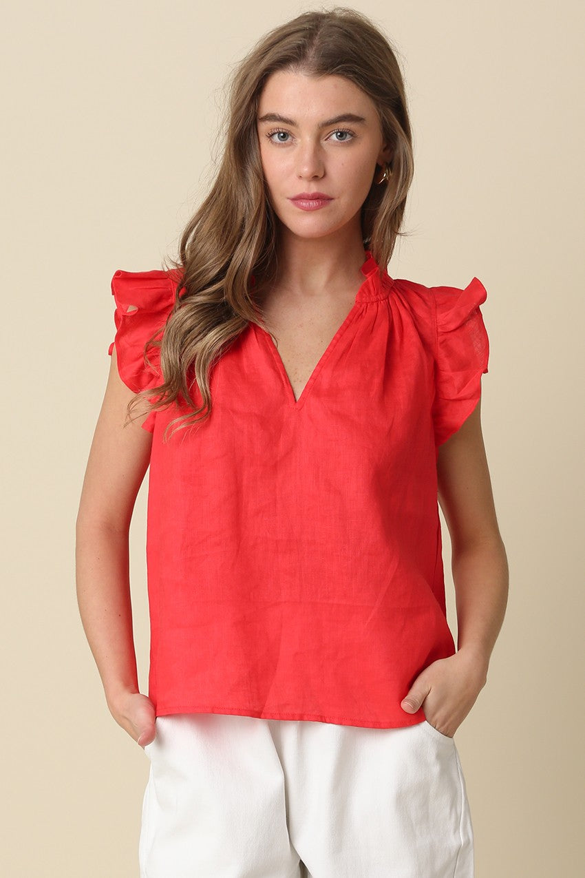 linen ruffle blouse with relaxed swing silhouette