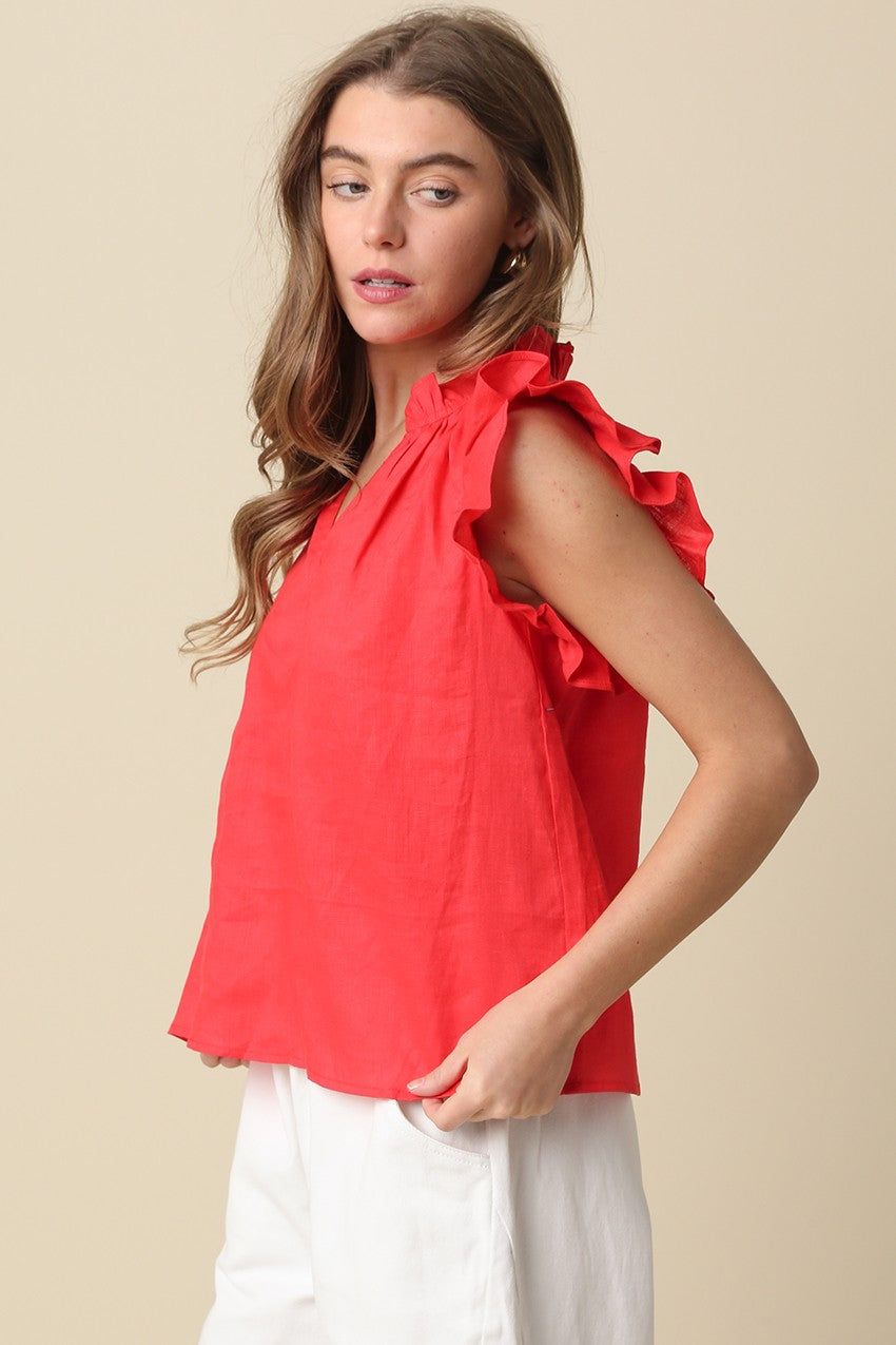 linen ruffle blouse with relaxed swing silhouette