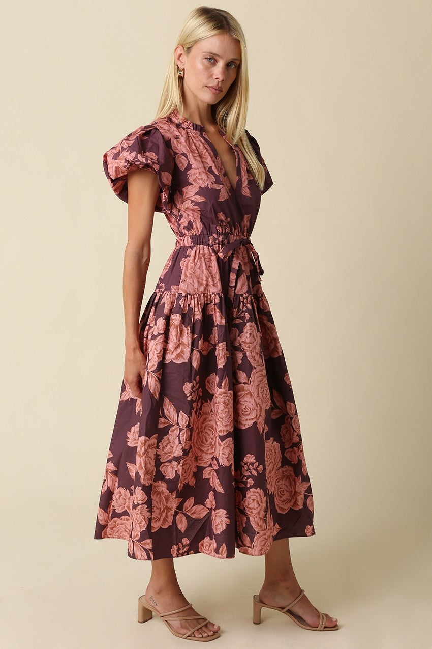 Lilah Floral Bubble Sleeve Midi Dress