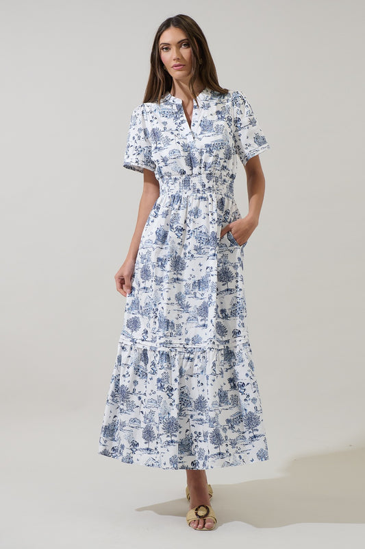 Elara Toile Smocked Waist Maxi Dress