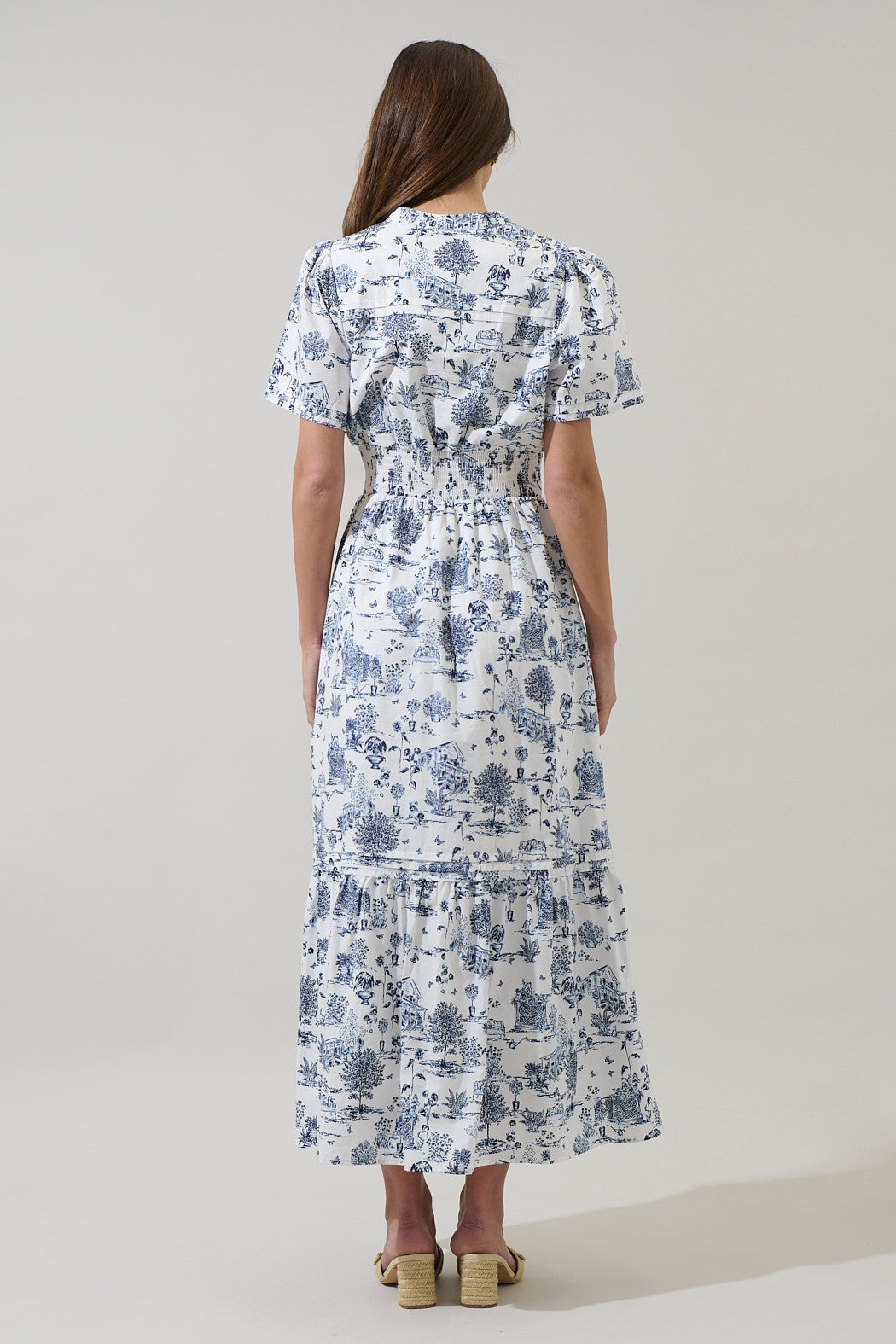Elara Toile Smocked Waist Maxi Dress