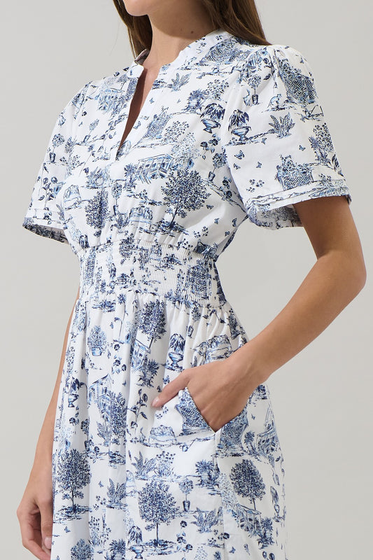 Elara Toile Smocked Waist Maxi Dress