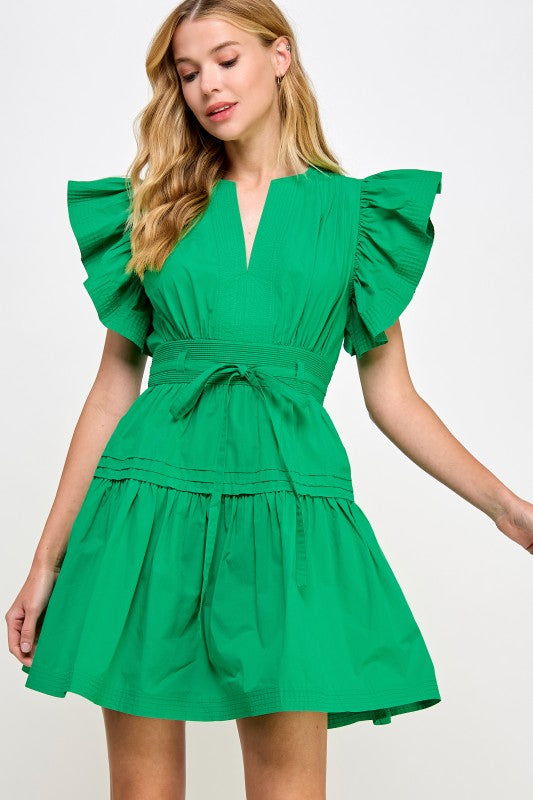 feminine cotton poplin mini dress with flutter sleeves, a babydoll silhouette, and a flattering cinched waist.