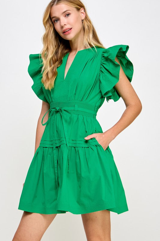 feminine cotton poplin mini dress with flutter sleeves, a babydoll silhouette, and a flattering cinched waist.