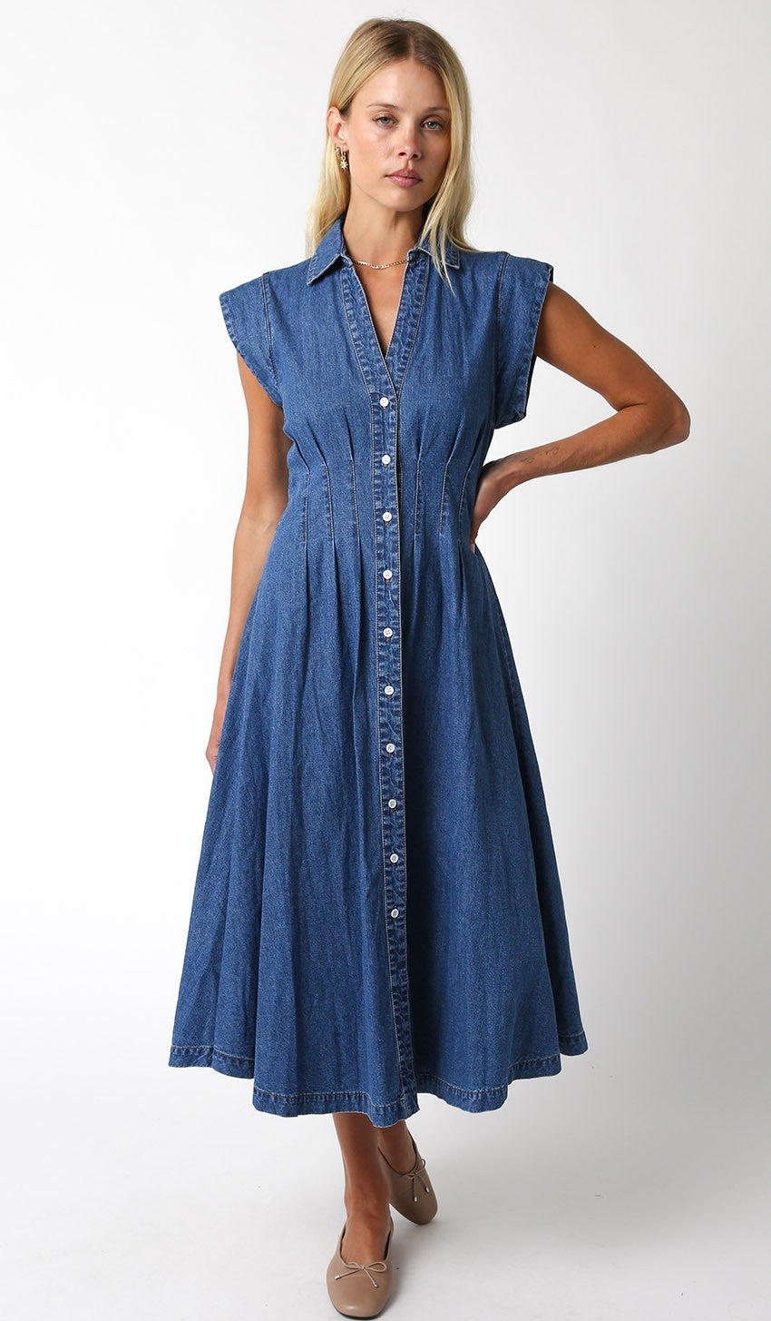 A timeless denim dress with a flattering V-neckline and button-down front for effortless everyday style.