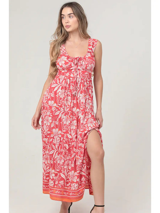 Bohemian floral maxi dress featuring an open back and side slit