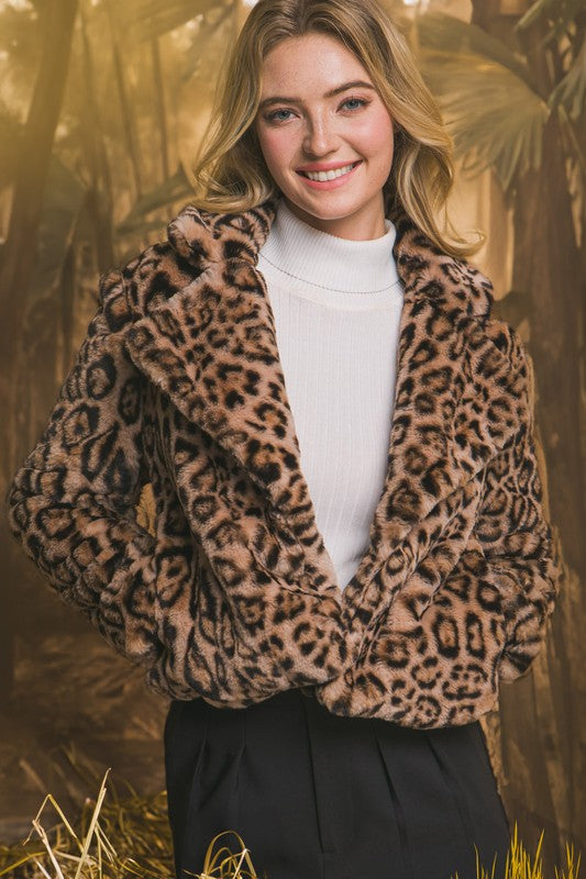 The Elowen Leopard Faux Fur Jacket adds bold sophistication and plush texture to any outfit.