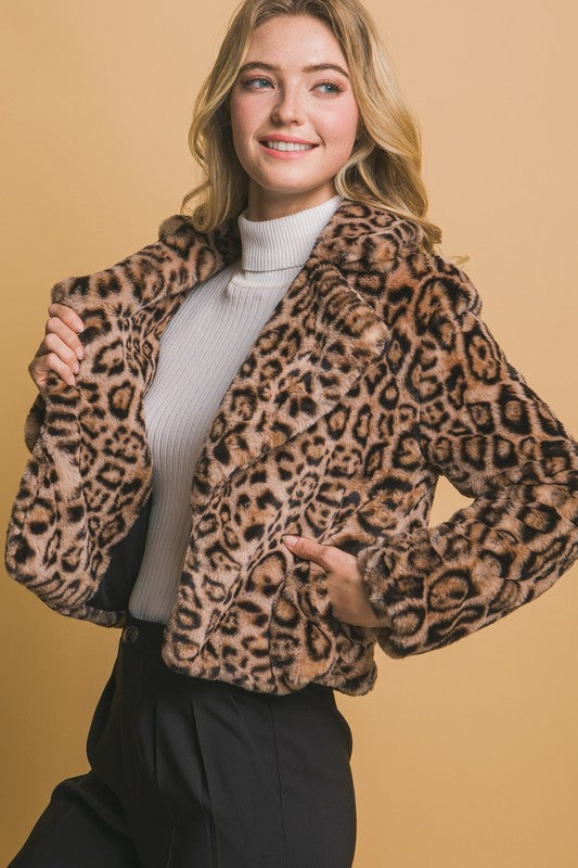 The Elowen Leopard Faux Fur Jacket adds bold sophistication and plush texture to any outfit.