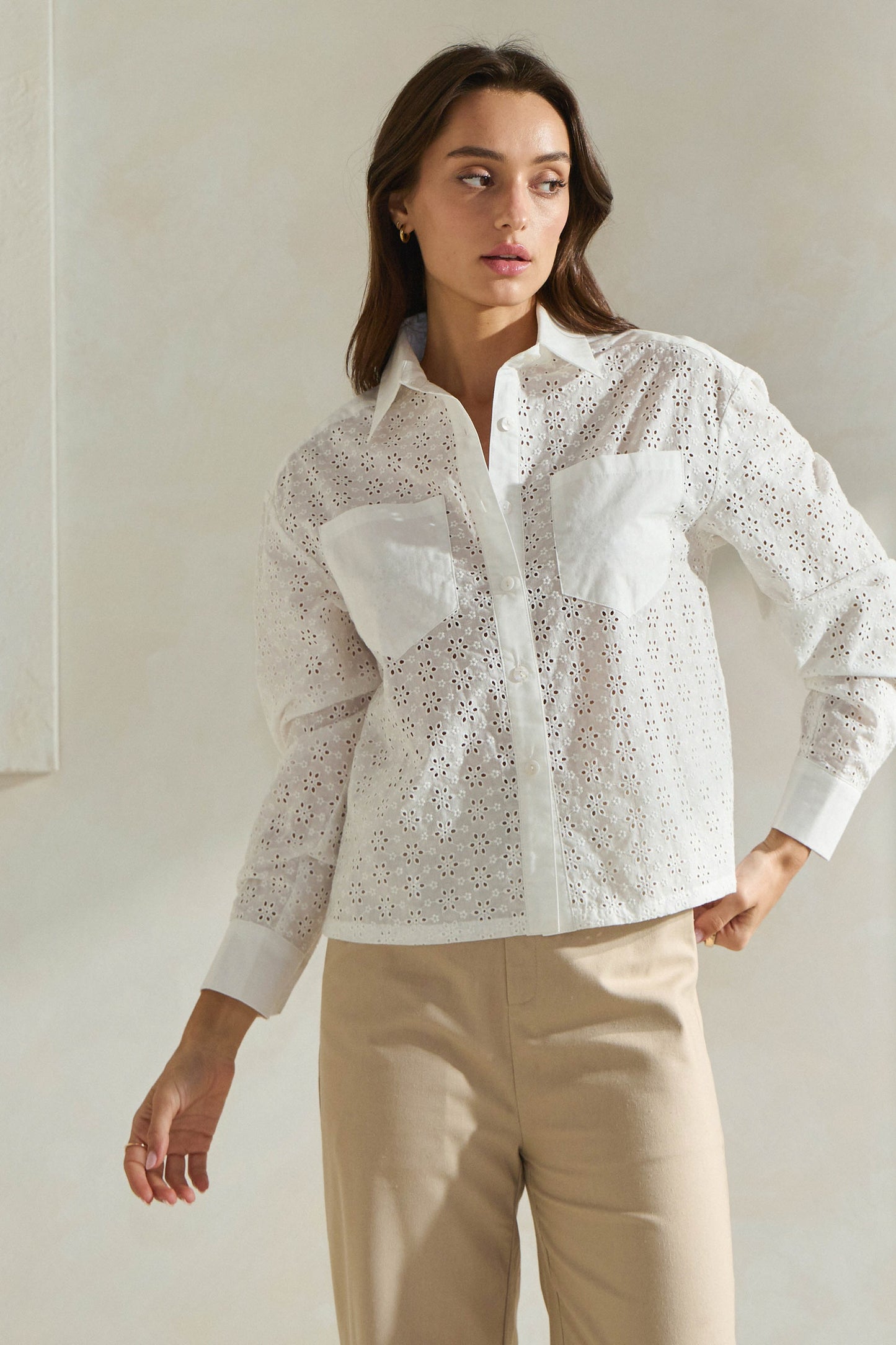 Floral Eyelet Button-Down Shirt