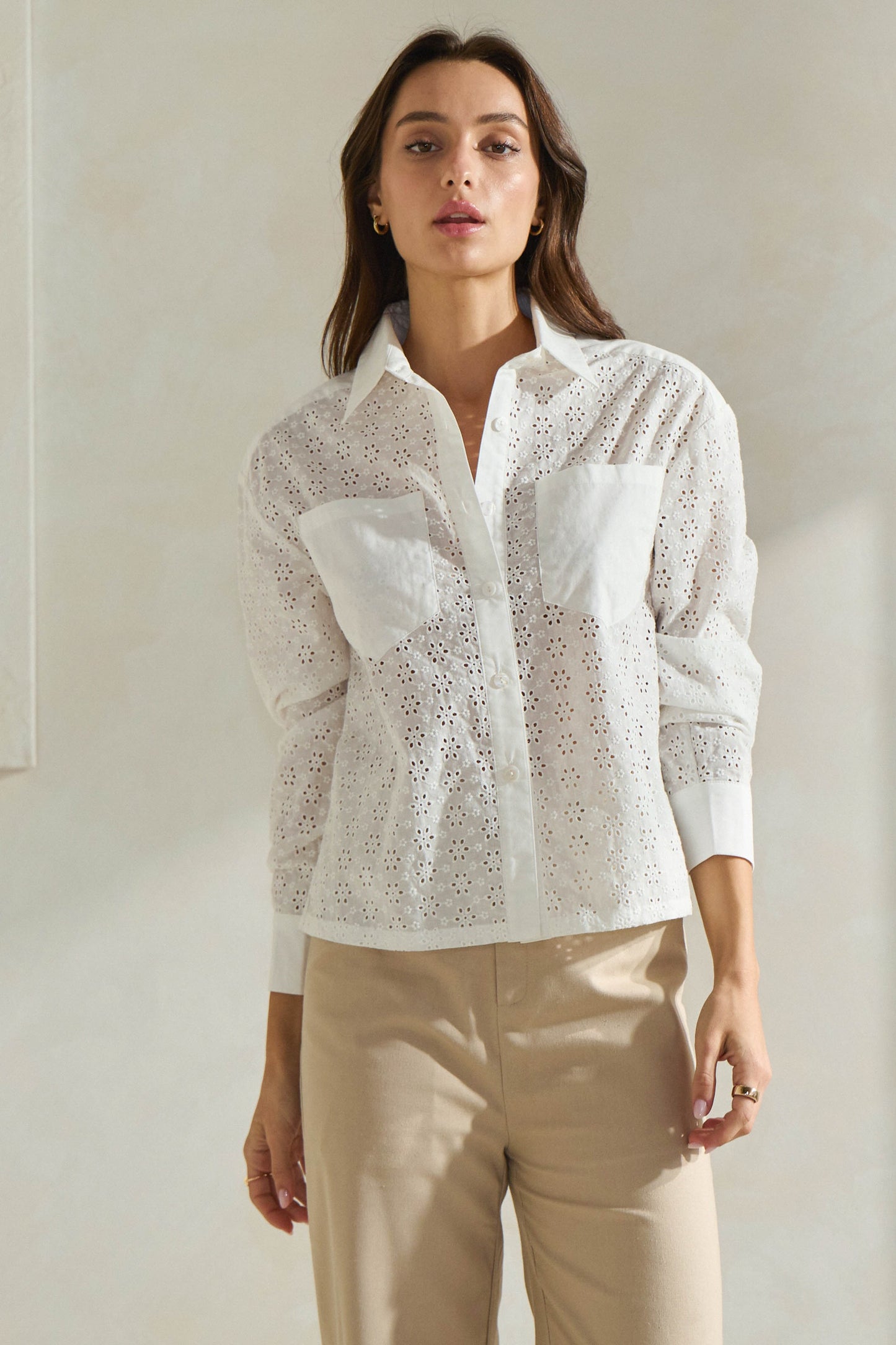 Floral Eyelet Button-Down Shirt