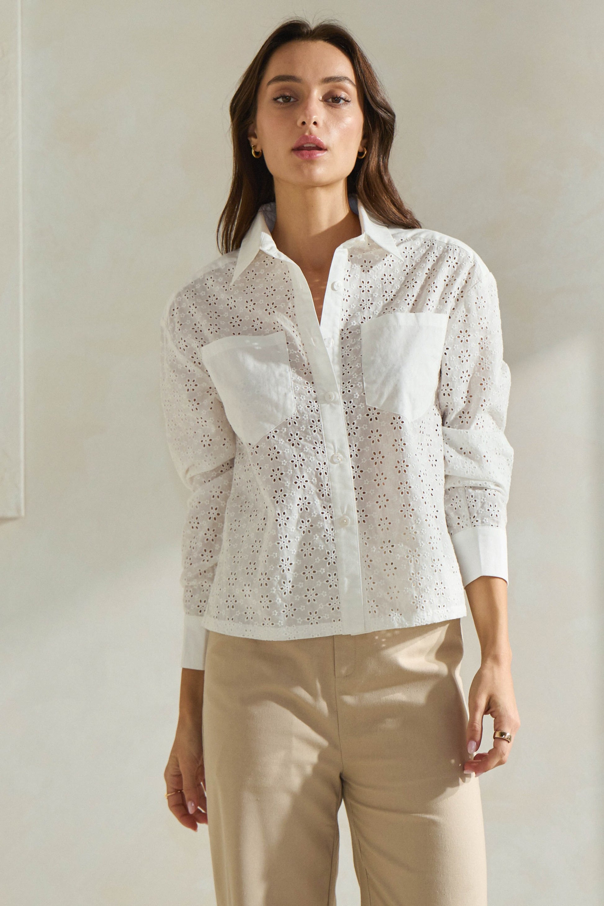 Floral Eyelet Button-Down Shirt