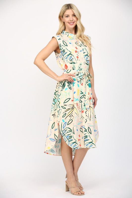 Cap sleeve printed midi dress with feminine silhouette
