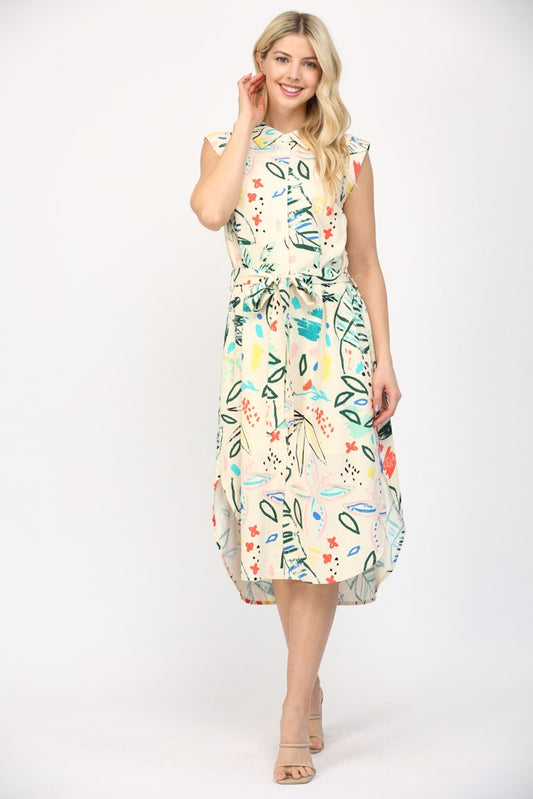 Cap sleeve printed midi dress with feminine silhouette