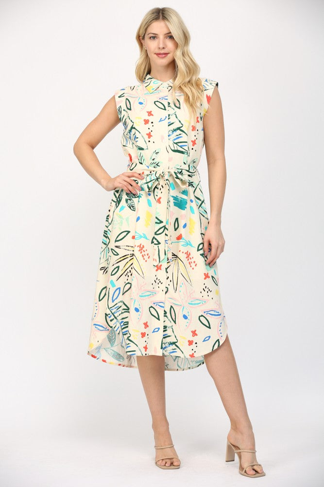Cap sleeve printed midi dress with feminine silhouette