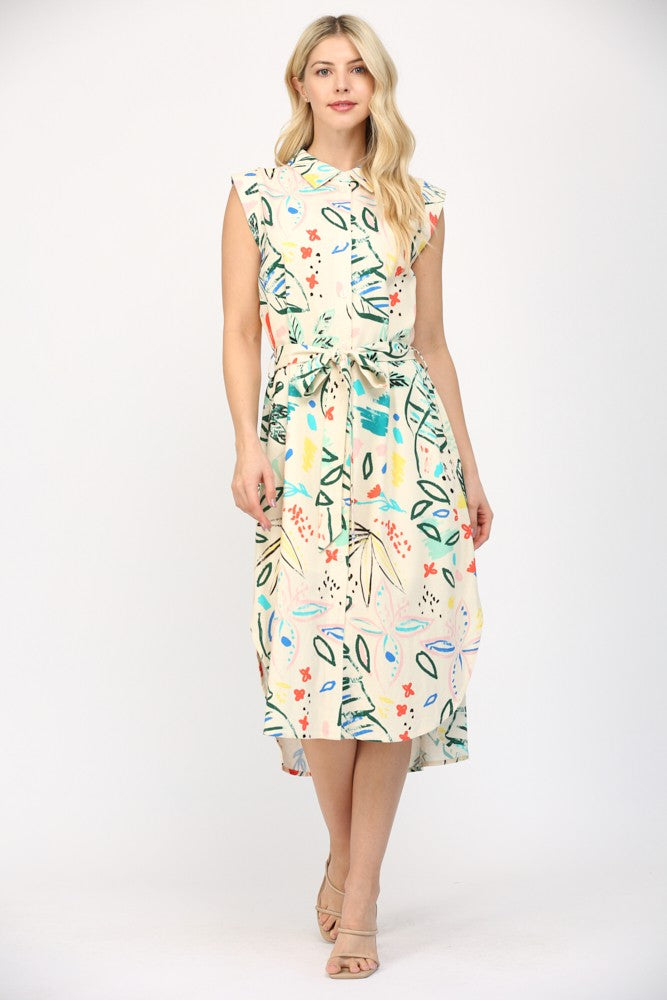 Cap sleeve printed midi dress with feminine silhouette