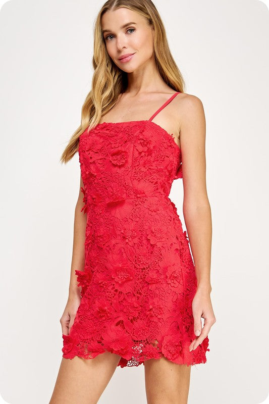  floral lace mini dress with a square neckline 
