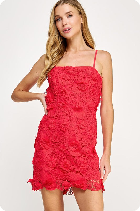  floral lace mini dress with a square neckline 