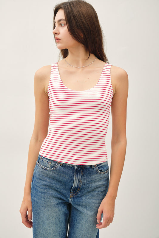 An ultra-soft, double-lined striped tank featuring a flattering scoop neck and back—your new go-to basic for layering or warm-weather styling.