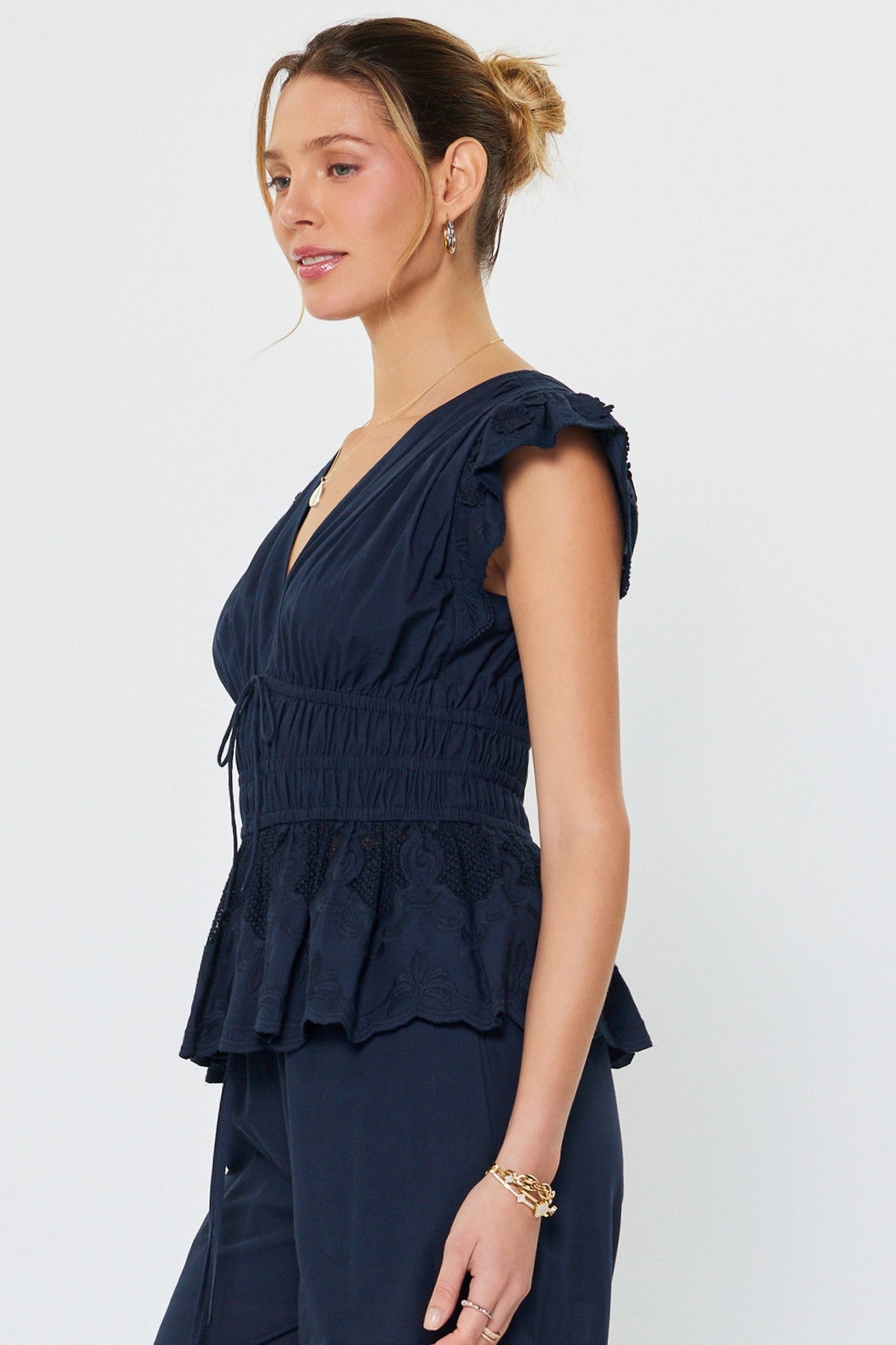 embroidered cotton peplum blouse with flutter sleeves