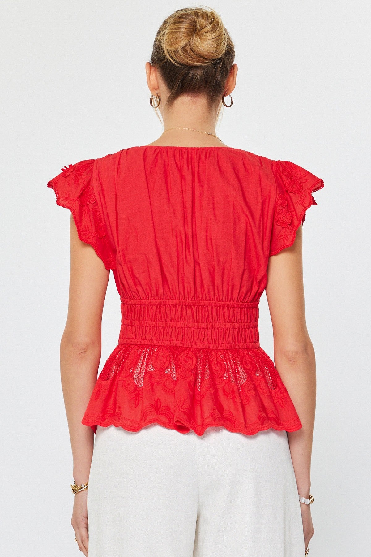 embroidered cotton peplum blouse with flutter sleeves