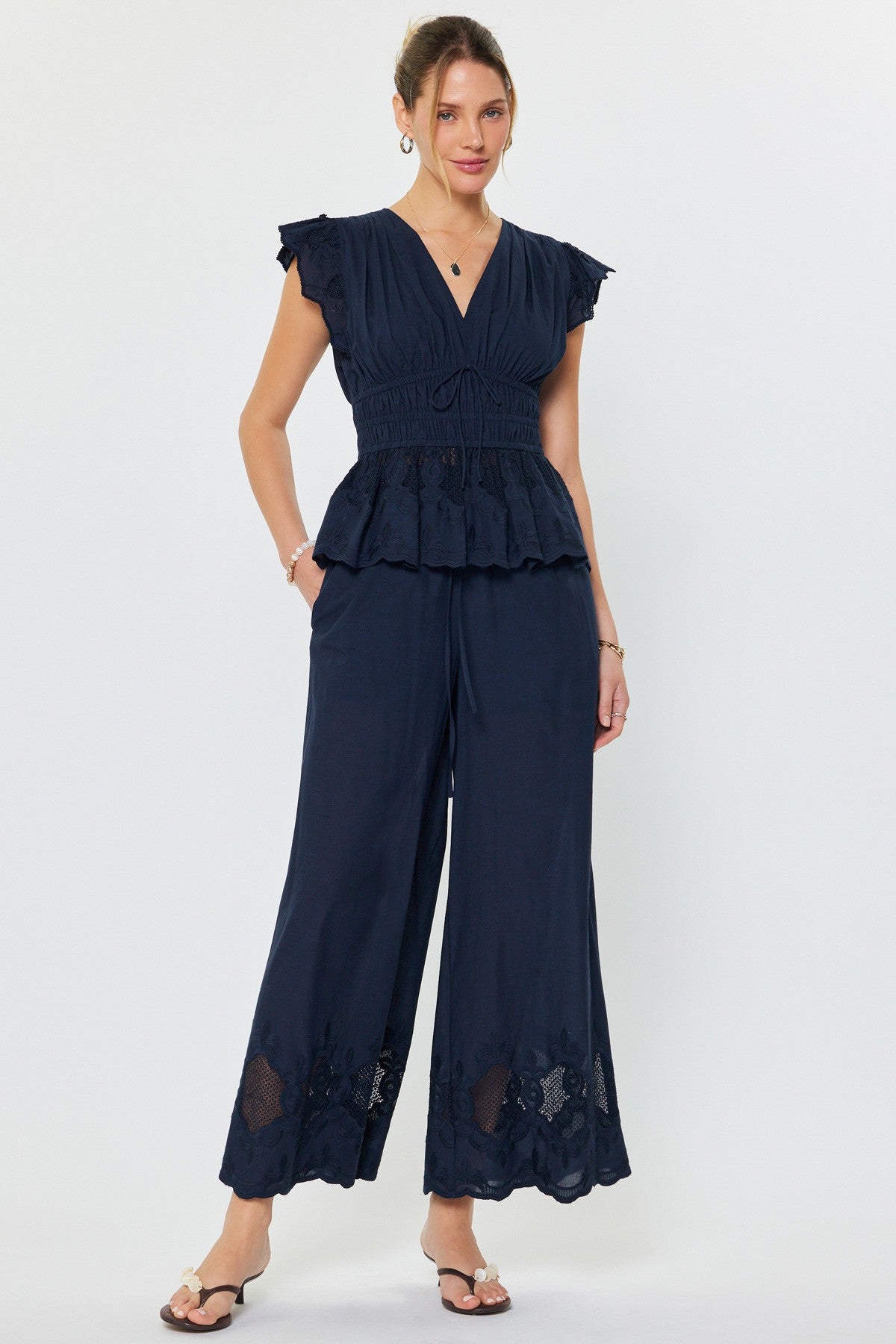 embroidered cotton peplum blouse with flutter sleeves